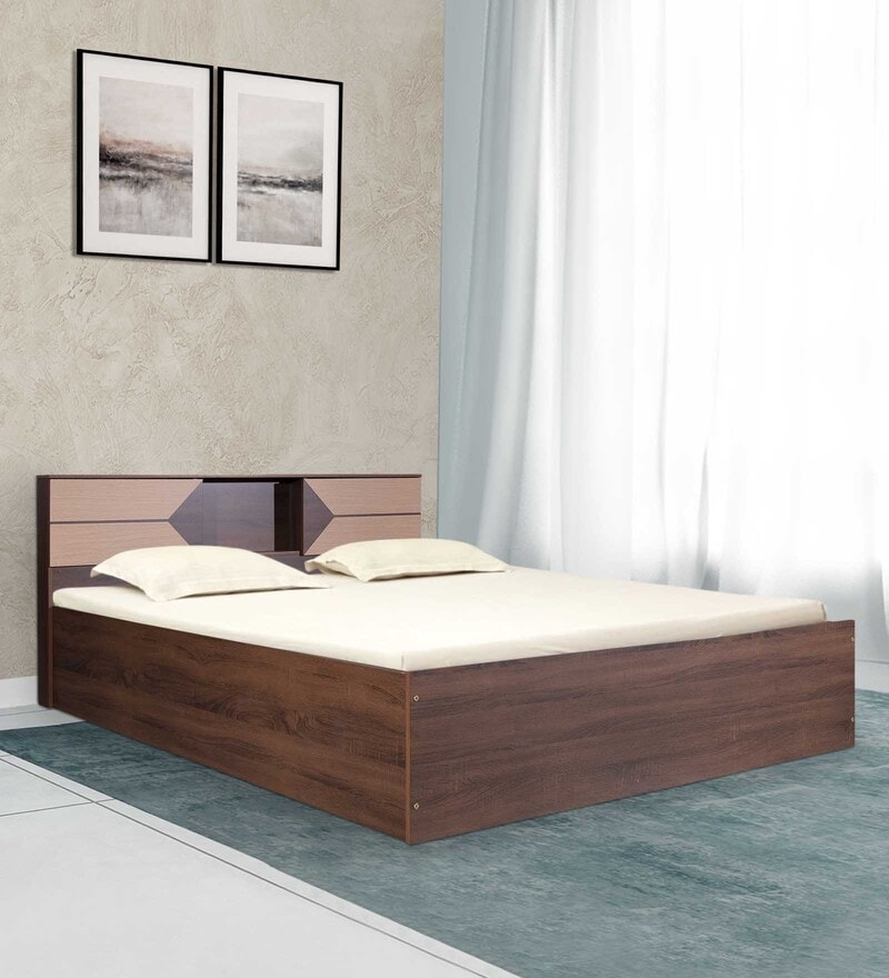 Shamon Queen Size Bed With Box Storage In Walnut Finish