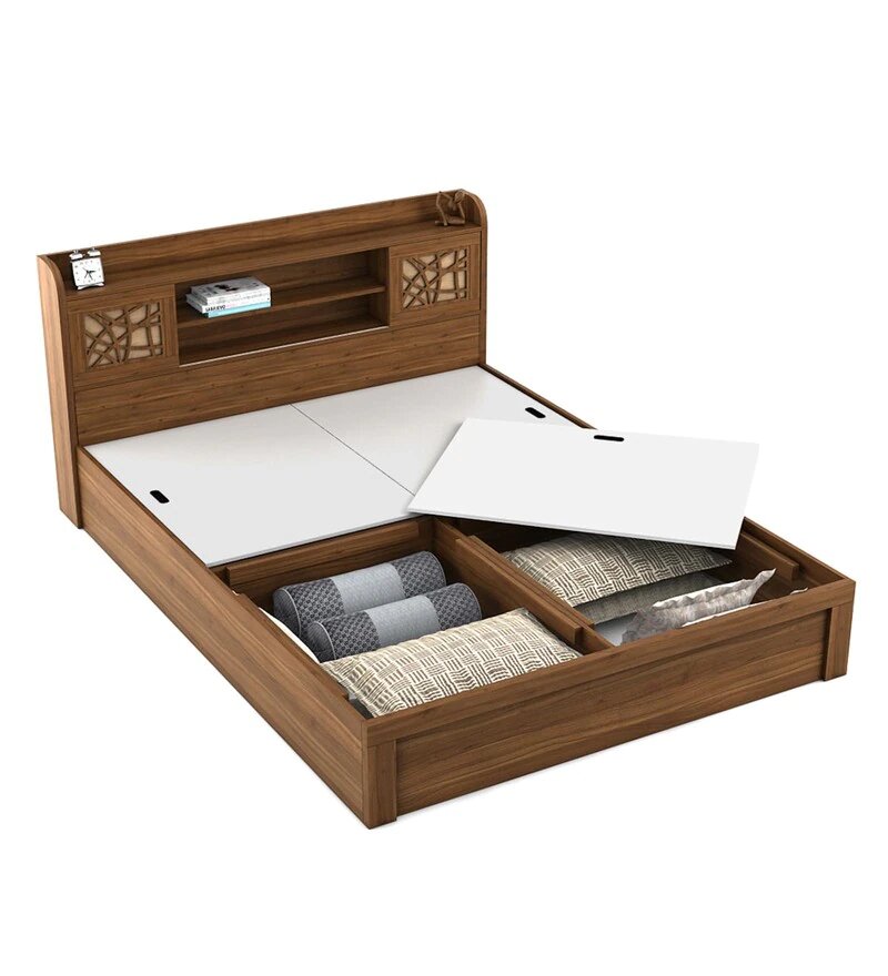 Kosmo Rayan King Size Bed With Box Storage in Natural Teak Finish